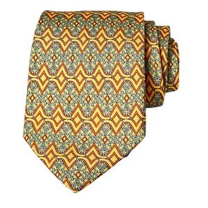 Hermès Paris 100% Silk Tie Yellow Blue Geometric Chain Pattern Made in France